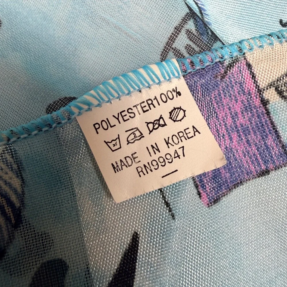 Space Age Blue Geisha Japanese Calligraphy Sheer Rectangle Scarf Made in Korea